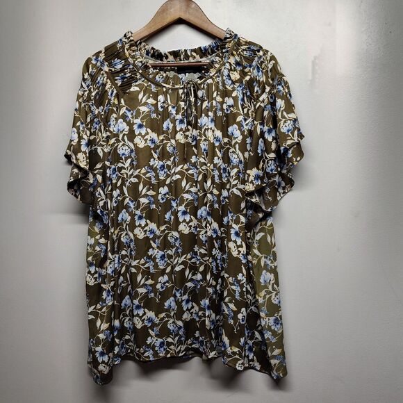 Lane Bryant Blouse Top Women Plus Size 26/28 Green Floral Short Sleeve Casual - Picture 1 of 9
